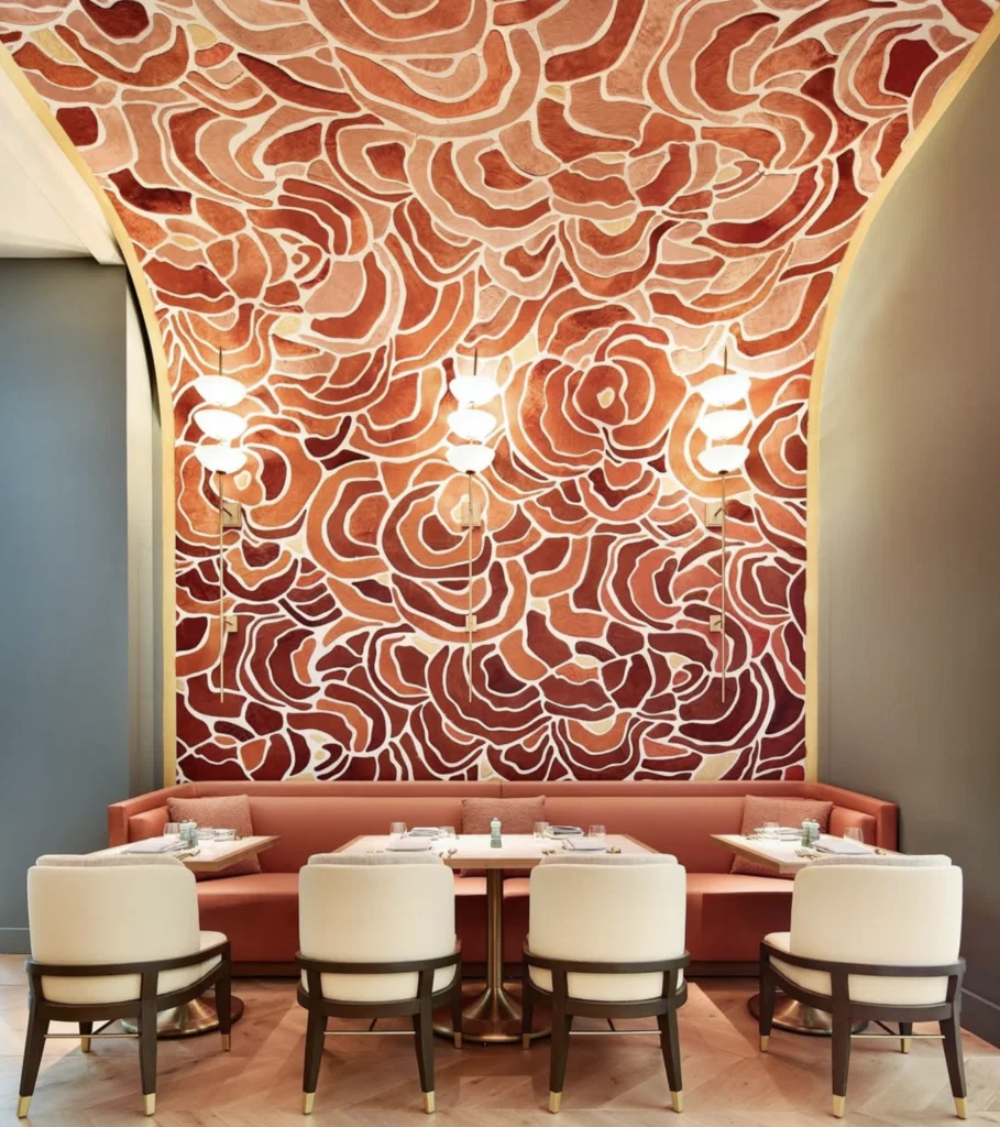 One of the most eye-catching design details in Serenade features this custom cowhide piece by artist Kyle Bunting.